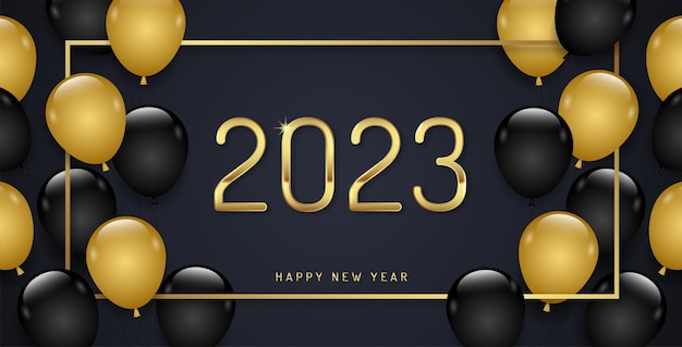 Merry christmas and happy new year 2023 banner frame, balloon black and gold