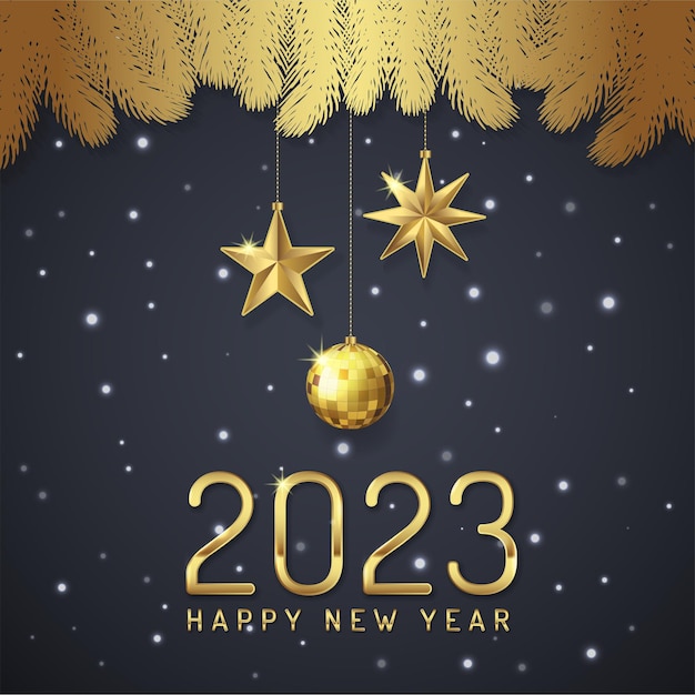 Merry christmas and happy new year 2023 banner  hanging stars, chrismas tree for decoration