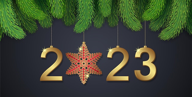 Merry christmas and happy new year 2023 banner  hanging stars, chrismas tree for decoration