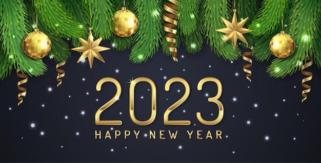 Merry christmas and happy new year 2023 banner  hanging stars, chrismas tree for decoration