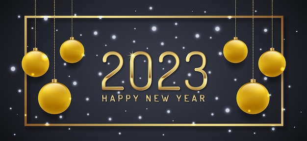 Merry christmas and happy new year 2023 banner hanging stars, frame and golden glitter balls