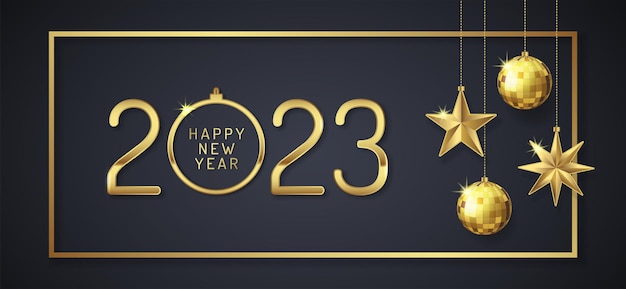 Merry christmas and happy new year 2023 banner hanging stars, frame and golden glitter balls