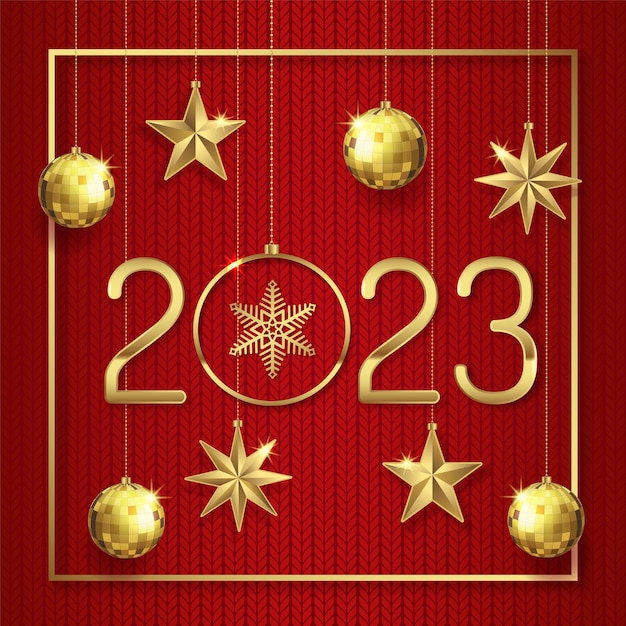 Merry christmas and happy new year 2023 banner hanging stars, frame and golden glitter balls