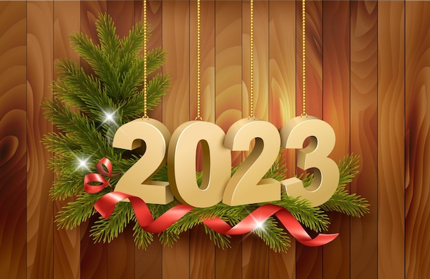 Merry Christmas and Happy New Year 2023 Golden 3D numbers with red ribbons branch of christmas tree on a wooden background Vector