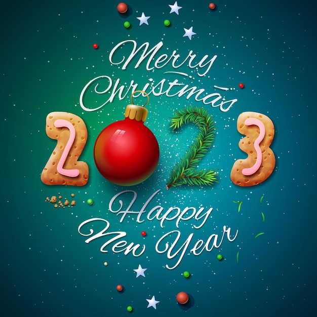 Merry Christmas and Happy New Year 2023 greeting card, vector illustration.