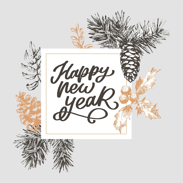 Vector merry christmas and happy new year abstract botanical card with square frame banner and modern typography green and pink pastel colors greeting layout isolated