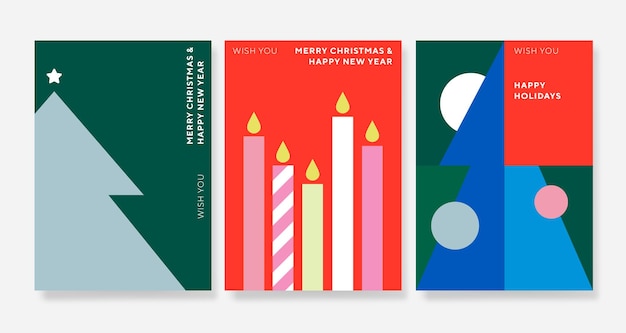 Merry Christmas and Happy New Year abstract geometric card design set. Modern flat minimalist style.