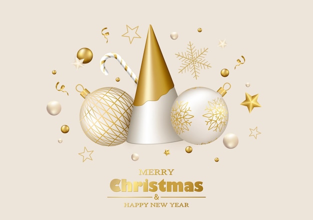 Merry Christmas and Happy New Year background White and gold 3d objects