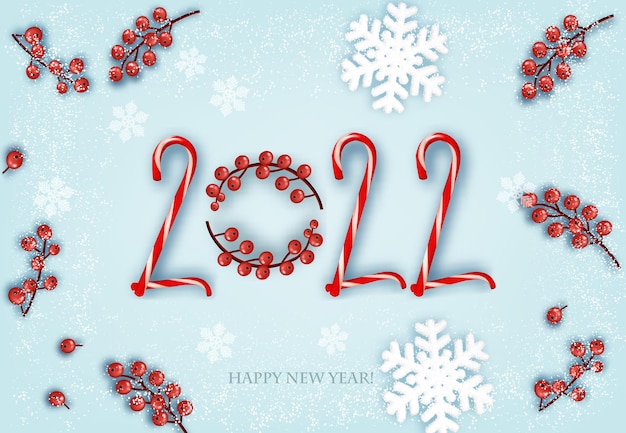 Merry Christmas and Happy New Year background with a 2022, red berries, candy cane and snowflakes. Vector.