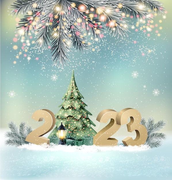 Merry Christmas and Happy New Year background with a 2023 letters christmas abstract tree and glowing christmas tree lights Vector