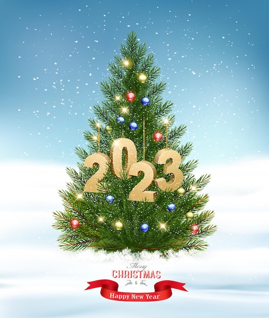 Merry Christmas and Happy New Year background with Christmas tree and colorful balls and golden letters 2023 Vector