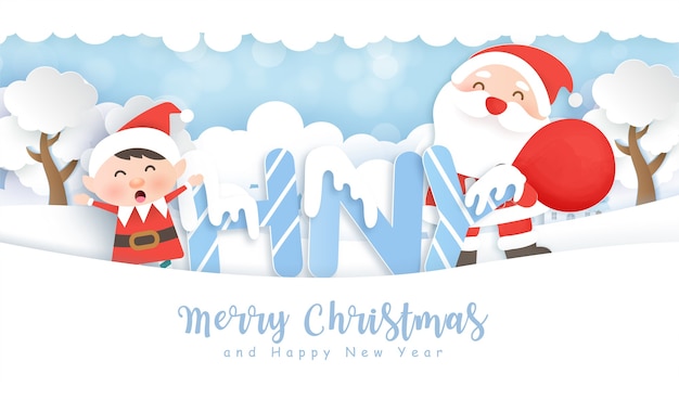 Merry Christmas and happy new year background with a cute Santa and friends in the snow forest.