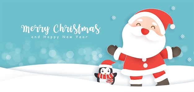 Merry Christmas and happy new year background with cute Santa and a penguin.