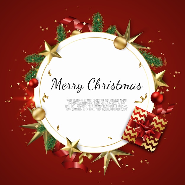 Merry Christmas And Happy New Year background with golden star, balls, fir tree branches, snowflakes,