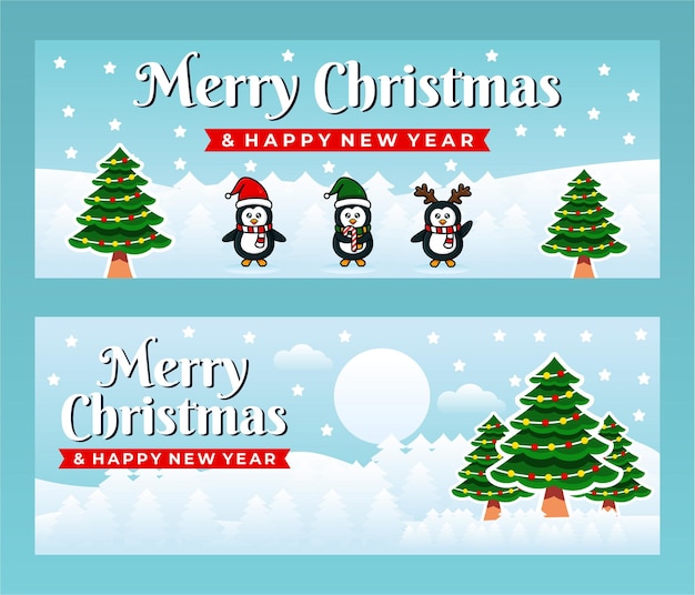 Merry Christmas and Happy New Year Banner design template with penguins