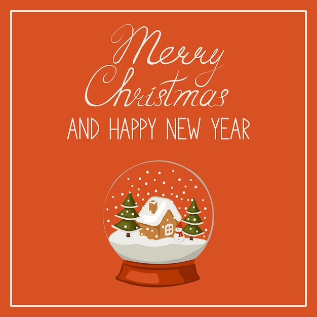 Merry Christmas and happy new year banner greeting card. Calligraphic text and a snow globe