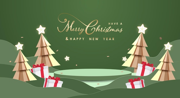 Merry Christmas and Happy New Year banner. Minimal mock up scene with studio podium to show product display. 3D vector tree xmas,  gift boxes and party elements.