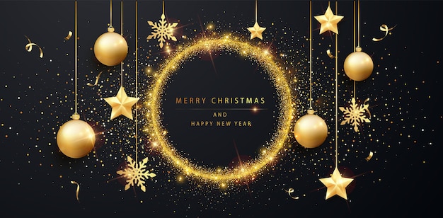 Merry Christmas and Happy New Year banner template. Holiday background with golden dust and glare