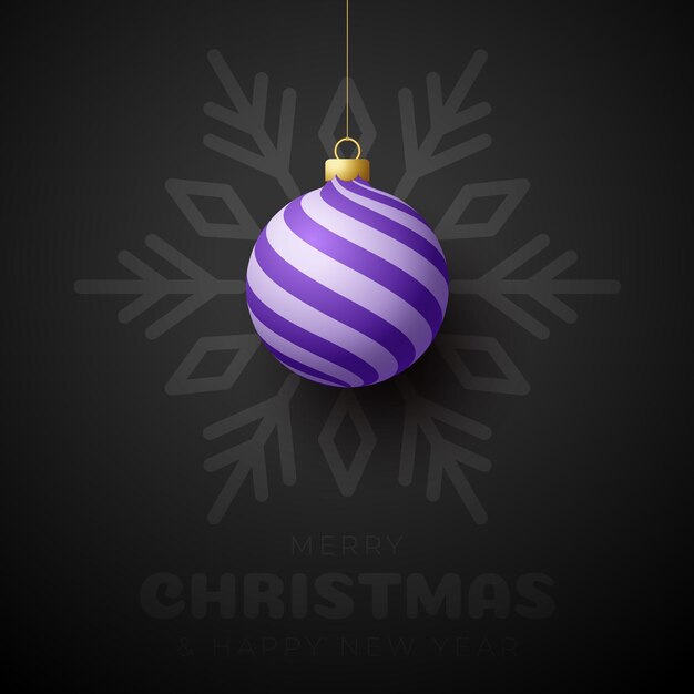 Vector merry christmas and happy new year banner. vector illustration card with purple christmas tree ball on luxury snowflake background with modern lettering