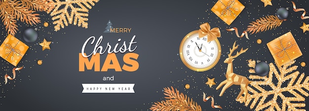 Merry Christmas Happy New Year Banner with gold decorations, realistic elements