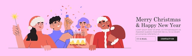 Merry Christmas and happy new year banner with people celebrate winter holidays together