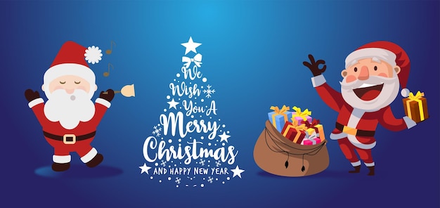 Merry Christmas and happy new year banner with Santa clause blue gradient background