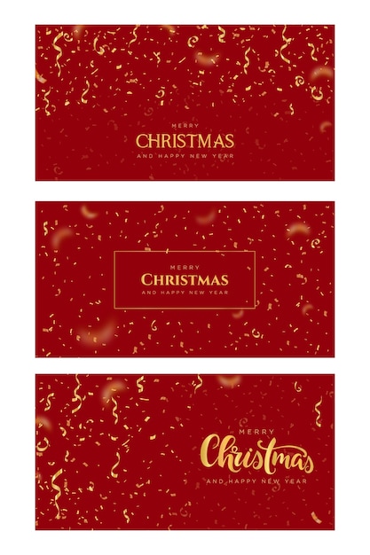 Merry Christmas and Happy New Year banners with golden confetti  