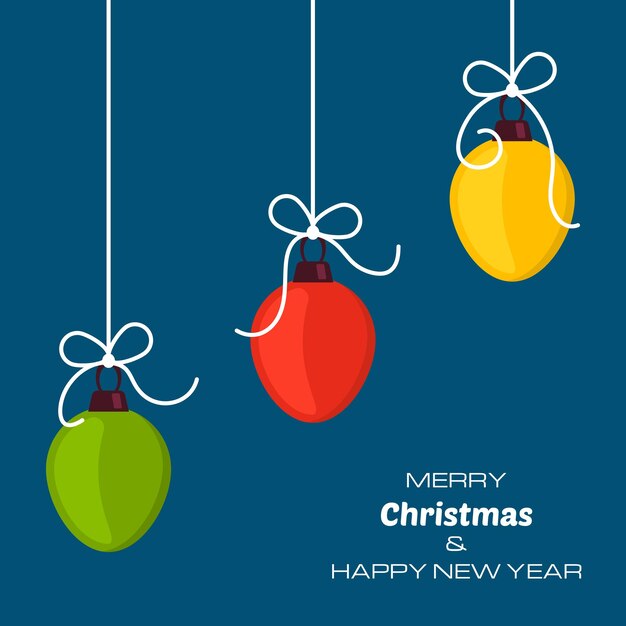 Merry Christmas and Happy New Year blue background with three christmas balls. Vector background  for your greeting cards, invitations, festive posters.