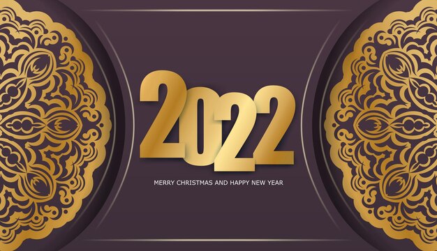 Merry christmas and happy new year burgundy color flyer template 2022 with winter gold ornament