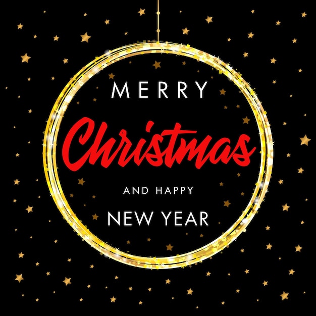 Merry Christmas and Happy New Year calligraphic banner. Christmas golden ball and stars background.