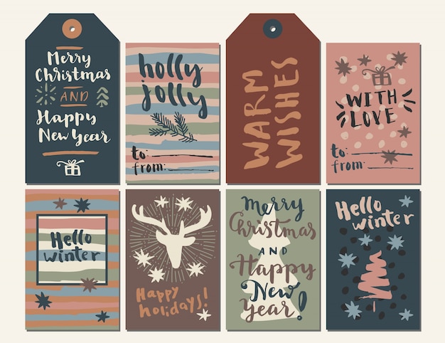 Merry Christmas and Happy New Year calligraphic set of greeting cards and gift tags