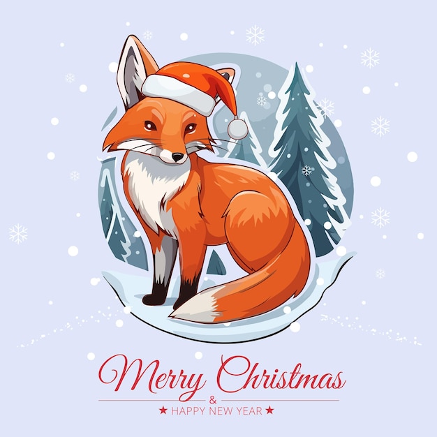 Merry Christmas And Happy New Year Card With Cute Fox And Winter Background