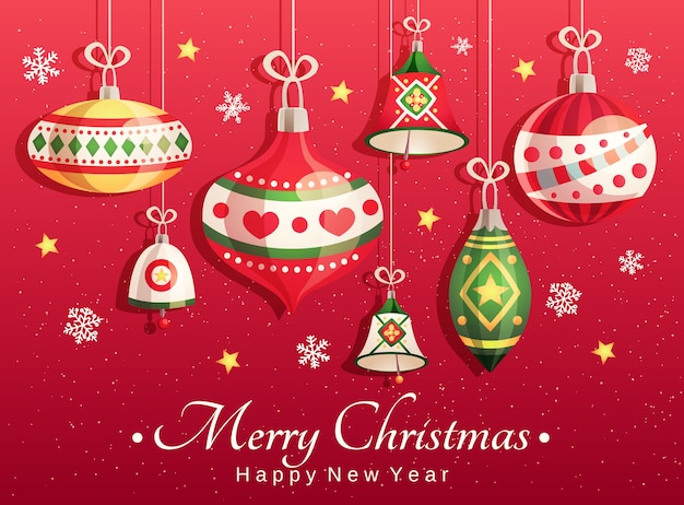 Merry Christmas and Happy New Year card with decorative elements: christmas toys, bells, snowflakes and stars