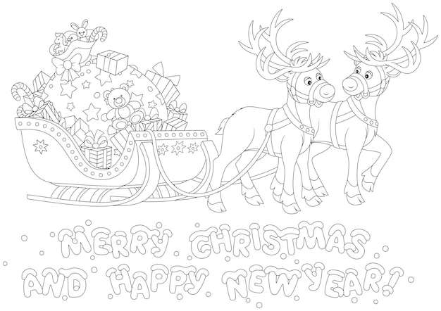 Vector merry christmas and happy new year card with holiday gifts of santa in his sleigh with reindeers