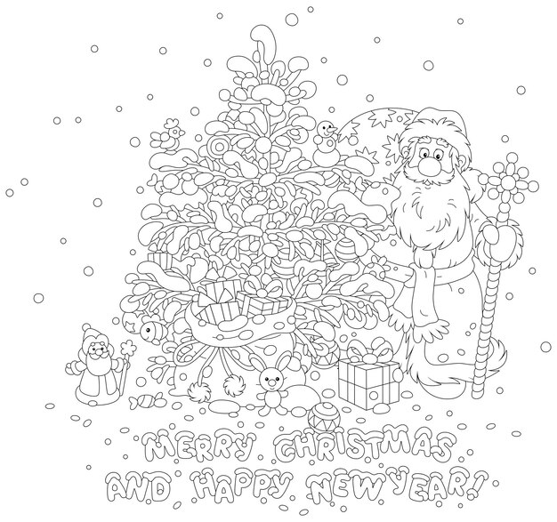 Vector merry christmas and happy new year card with santa looking out from behind a decorated fir tree