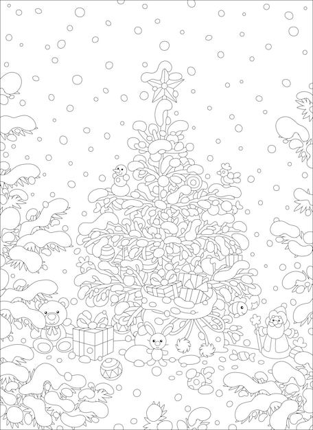 Merry Christmas and happy New Year card with a snowy decorated fir tree and gifts for little kids