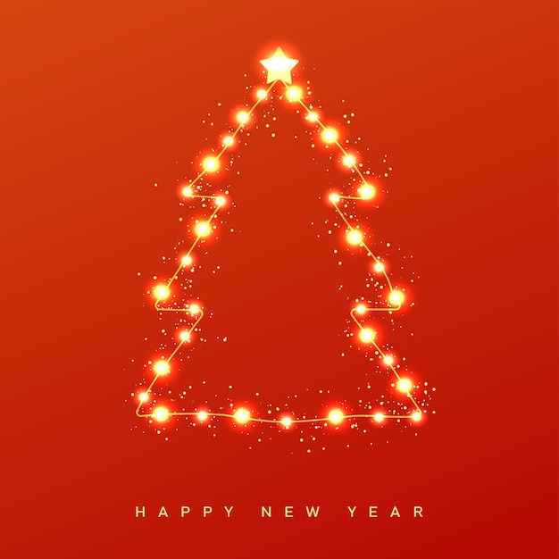 Merry Christmas and Happy New year card with Xmas tree glowing lights. Vector