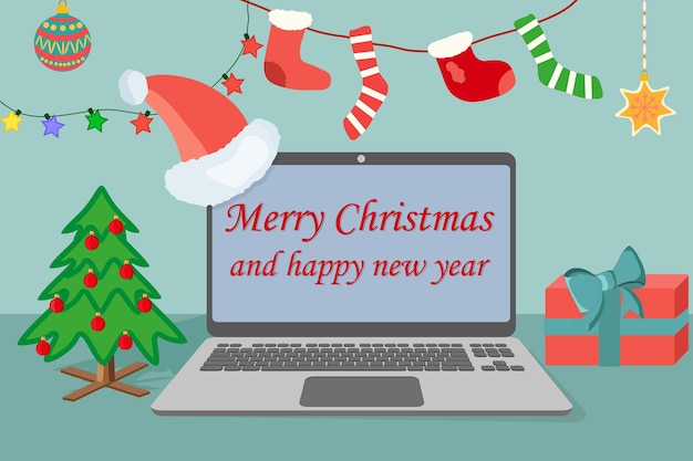 Merry Christmas and happy new year Christmas greeting card depicting the workplace of a businessman