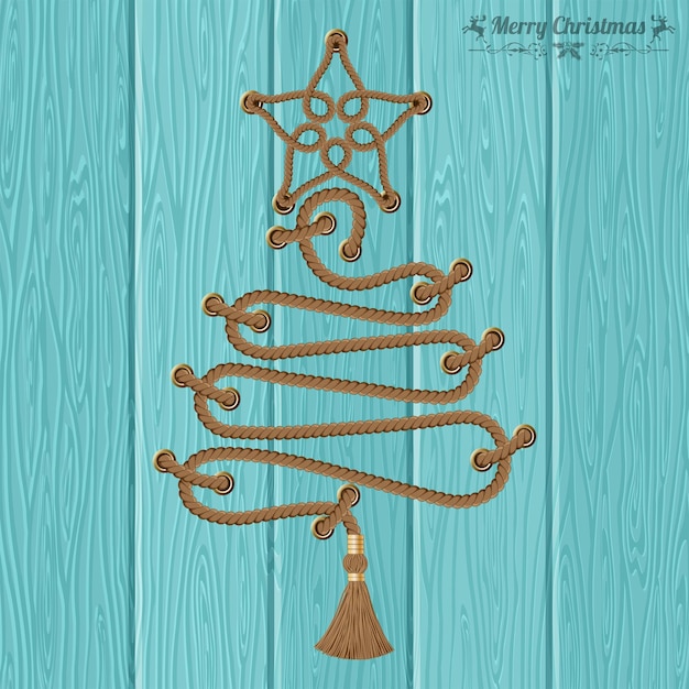 Merry Christmas and Happy New Year Concept. Decorative Christmas Tree from Ropes with Rivets and Star on Wooden Boards background. Vector illustration