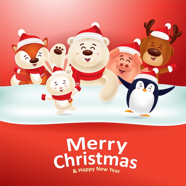 Merry christmas & happy new year! cute animals with red signboard