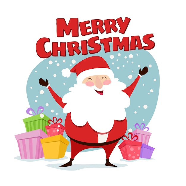 Merry Christmas and a Happy New Year cute illustration. Happy Santa Claus with gifts wishes Merry Christmas. 