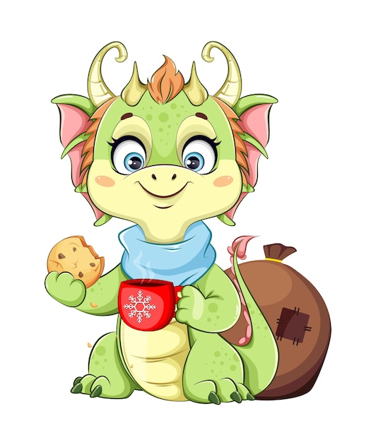 Merry Christmas and Happy New Year Cute little dragon holding a cup of hot drink