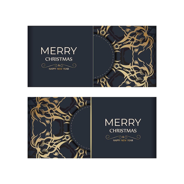 Merry christmas and happy new year flyer template in dark blue color with winter gold pattern