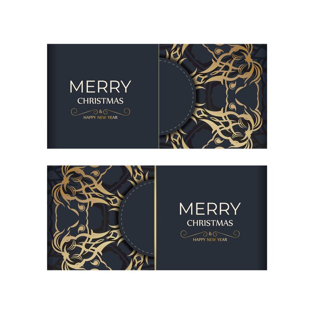 Vector merry christmas and happy new year flyer template in dark blue color with winter gold pattern