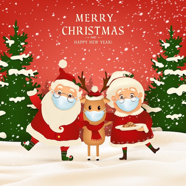 Merry Christmas. Happy new year. Funny Santa Claus with cute Mrs. Claus, red-nosed Reindeer Wearing Medical Face Mask in Christmas snow scene winter landscape.  cartoon character of Santa Claus.