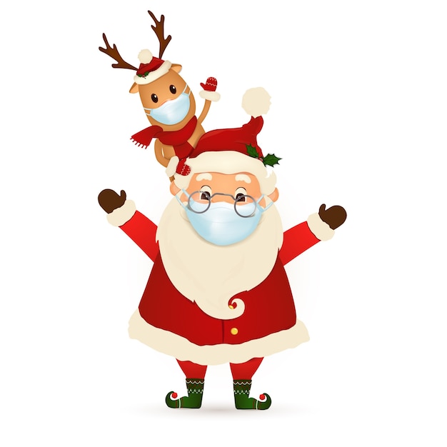 Vector merry christmas happy new year funny santa claus with cute reindeer