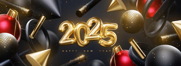 Vector merry christmas and happy new year golden 2025 numbers with christmas ball