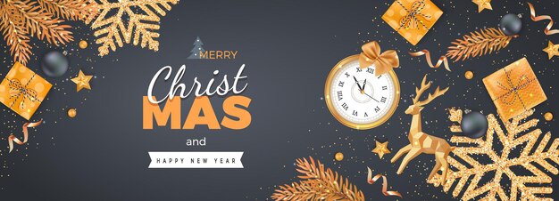 Vector merry christmas and happy new year greeting background xmas card horizontal banner template golde