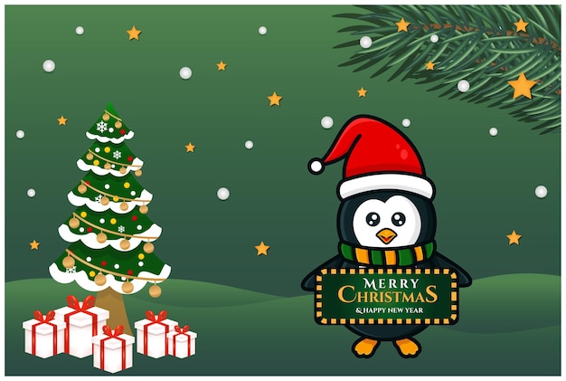 Merry christmas and happy new year greeting, banner with penguin design template