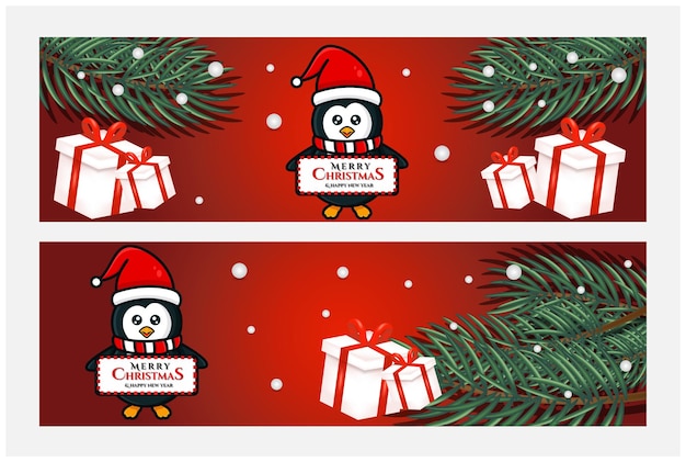 Merry christmas and happy new year greeting, banner with penguin design template